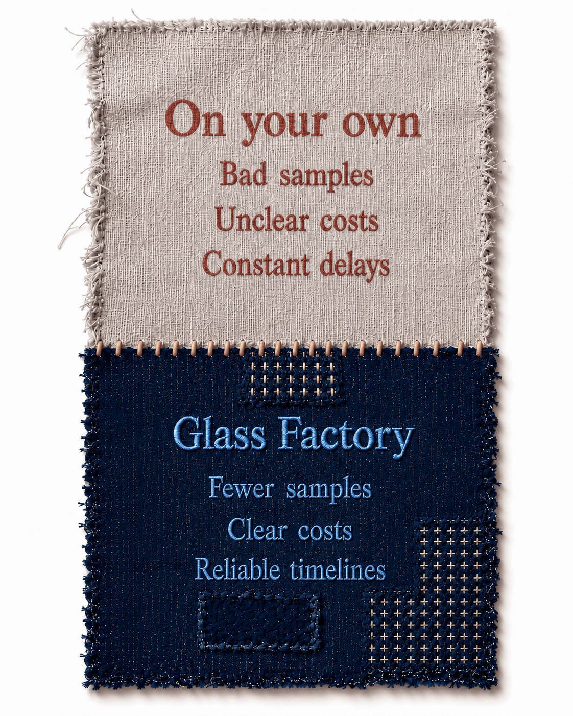 Two stitched fabric swatches compared. On your own: bad samples, unclear costs, constant delays. With Glass Factory: fewer samples, clear costs, reliable timelines